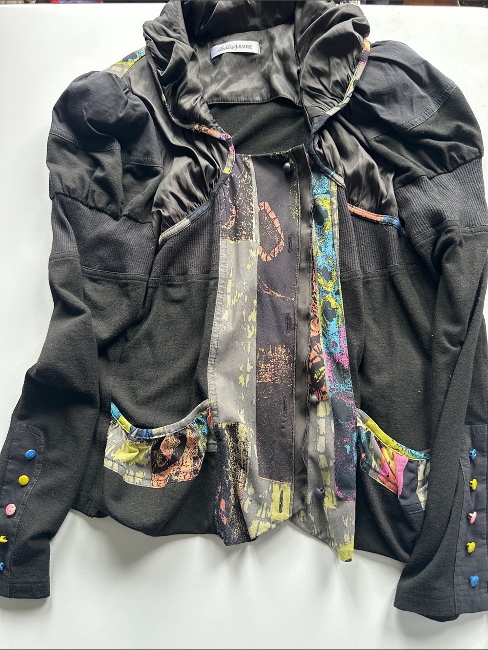 Black M-L Mixed-Media Women's Jacket with Colorful Trim